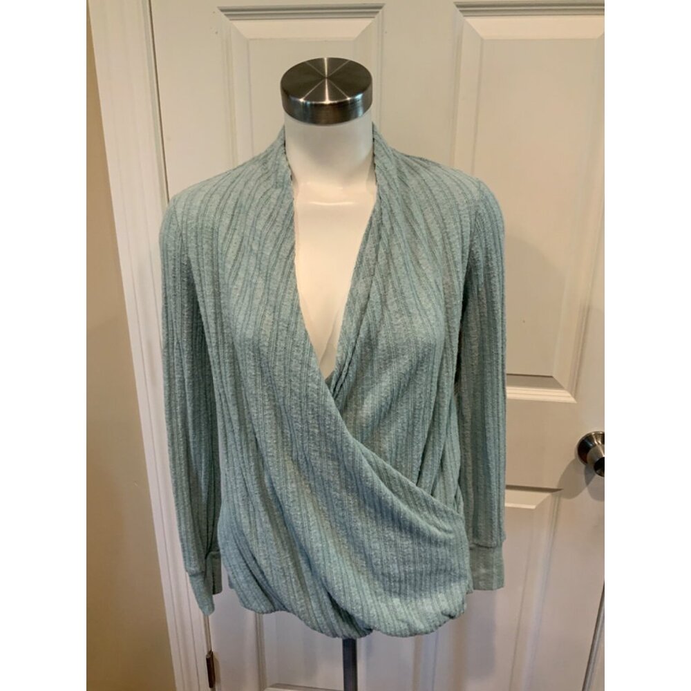 Maeve Light Blue Rib Knit V-Neck Wrap Sweater, Size XS